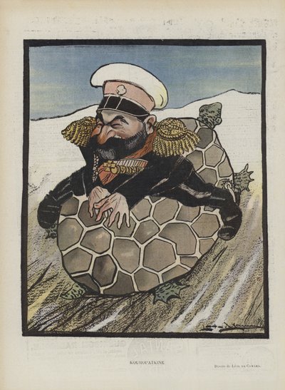 Alexej Kuropatkin, ruský ministr války. Ilustrace pro Le Rire (barevné lito) od Leal de Camara