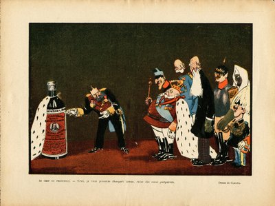 Ilustrace Leal de Camara (1877-1948) v Le Rire, 25.12.09 - Belgie, Evropa, Portugalsko, Rakousko, Alkohol Alkoholismus, Protokol - Vilém II., Leopold II., Edward VII., Alfonso XIII., Francois-Joseph 1er d „Rakousko, sultáne od Leal de Camara