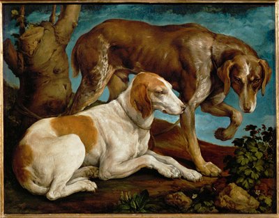 Deux chiens de chasse lies a une souche - Dva lovečtí psi přivázaní k pařezu... od Leandro da Ponte Bassano