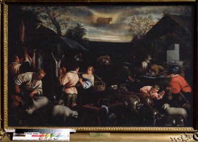 ""Měsíc dubna"" (duben) Stříhání ovcí. Symbol znamení Býka na obloze. Obraz Leandra Bassano da Ponte (1557-1622) 1595-1600 Rozměr 144x190 cm Státní muzeum umění Tula Rusko od Leandro da Ponte Bassano