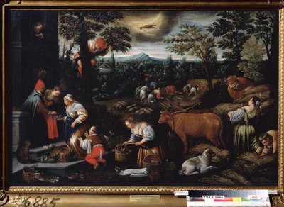 ""Měsíc červen"" (červen) Práce na farmě, sběr třešní a sběr pšenice. Symbol znamení rakoviny na obloze. Obraz Leandra Bassano da Ponte (1557-1622) 1595-1600 Státní muzeum umění Tula Rusko od Leandro da Ponte Bassano