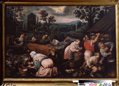 ""Měsíc květen"" (květen) Dojení koz, výroba sýra. Symbol znamení Blíženců na obloze. Obraz Leandra Bassano da Ponte (1557-1622) 1595-1600 Státní muzeum umění Tula Rusko od Leandro da Ponte Bassano