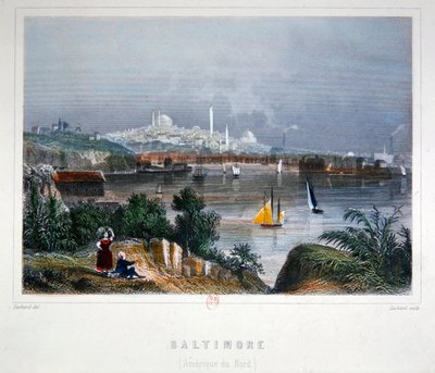 Pohled na Baltimore (barevná ocelorytina) od Lechard Lechard