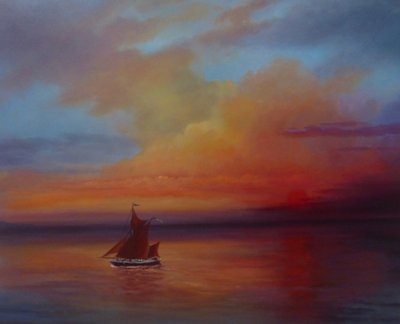 Red Sails – Thames Barge na plných plachtách, 2022 (olej na plátně) od Lee Campbell