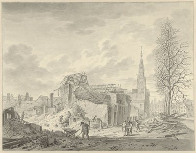 Pohled na Rapenburg v Leidenu po katastrofě střelného prachu 12. ledna 1807 od Leendert Overbeek