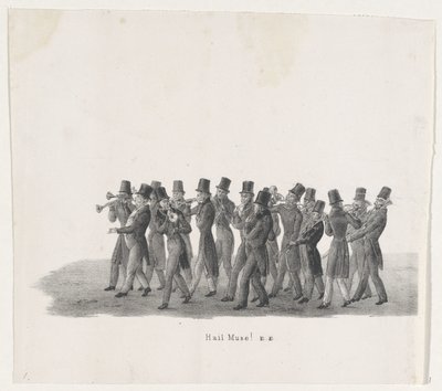 Hudebníci v průvodu leidenských studentů, 1835 Ahoj Muse! (název na objektu) Jednotlivá vystoupení, která výstupy drží H.H. Studenti Leidsche Hoogeschool dne 9. února: 1835, uzavřeno (název série na objektu) od Leendert Springer (I)