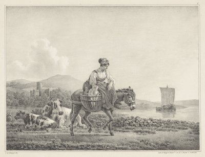Žena na oslu v krajině Šest kamenných kreseb od L. de Koningha (název série) od Leendert de Koningh