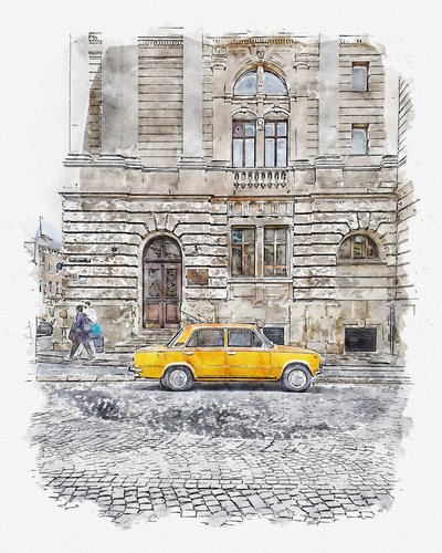 Ulice s klasickými žlutými auty od Lembayung senja studio [Vintage Poster]