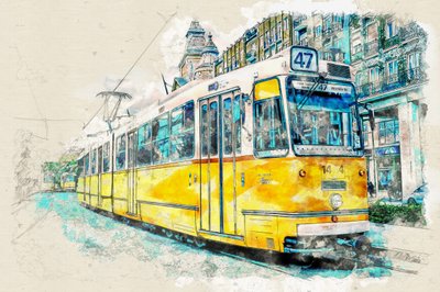Městská tramvaj – akvarel od Lembayung senja studio [Vintage Poster]
