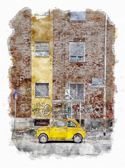 Žluté klasické městské auto od Lembayung senja studio [Vintage Poster]