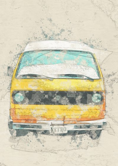 Žlutý retro karavan od Lembayung senja studio [Vintage Poster]