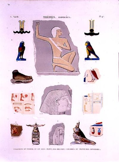 Ilustrace malovaných reliéfů na kameni a dřevěných fragmentech Hypogees, Thébská deska 47 ze svazku II `Descriptions of Egypt`, vyryl LeRoy od Lenoir (after)
