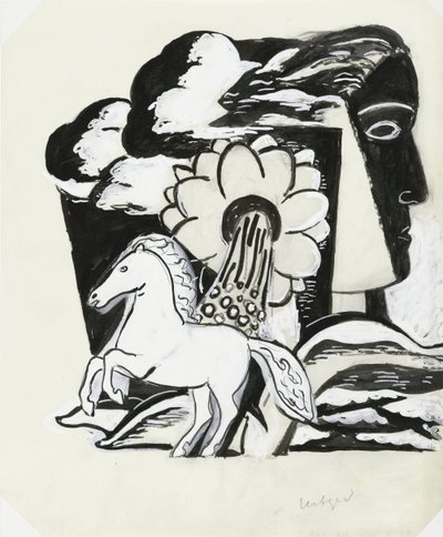 Chov koně, květina a hlava (náčrt) od Leo Gestel (signed by artist)