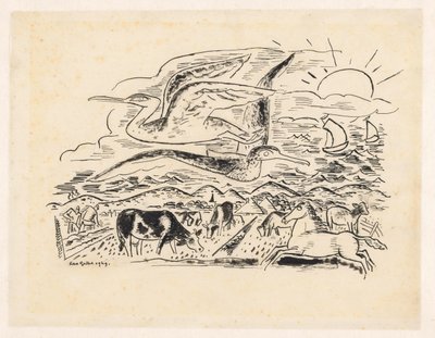 Dva ptáci létají nad krajinou s dobytkem od Leo Gestel (signed by artist)