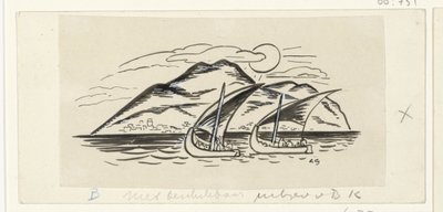 Dvě plachetnice před ostrovem s horami od Leo Gestel (signed by artist)