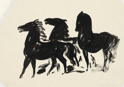 Tři černí koně stojící při pohledu doleva od Leo Gestel