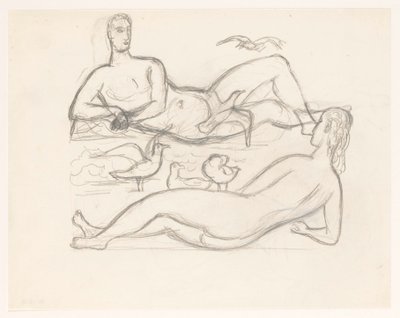 Nahý muž a žena na pobřeží, obklopeni racky od Leo Gestel