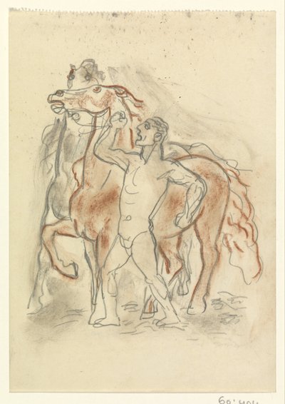 Nahý muž drží dva koně v šachu od Leo Gestel