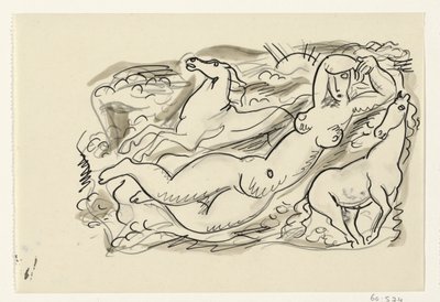 Nahá žena a dva koně v moři od Leo Gestel