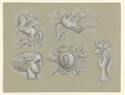 Pegas, holubice, ženská hlava, zbraň a ruka s růží od Leo Gestel