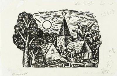 Vignette pro Gestelův životopis od Prof. W. van der Pluym Bez názvu (Pohled na vesnici s kostelem a sluncem, viněta na životopis Gestel od prof. W. van der Pluyma) od Leo Gestel