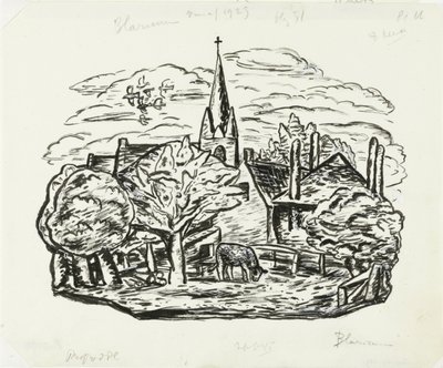 Vignette pro Gestelův životopis od Prof. W. van der Pluym Bez názvu (Pohled na vesnici Blaricum s pasoucí se krávou) od Leo Gestel