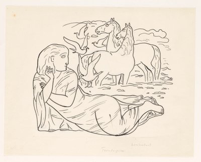 Žena ležící na pláži se dvěma koňmi a některými racky od Leo Gestel