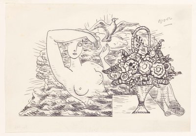 Ženský akt ve vlnách vypouštějící ptáka, v popředí košík květin od Leo Gestel