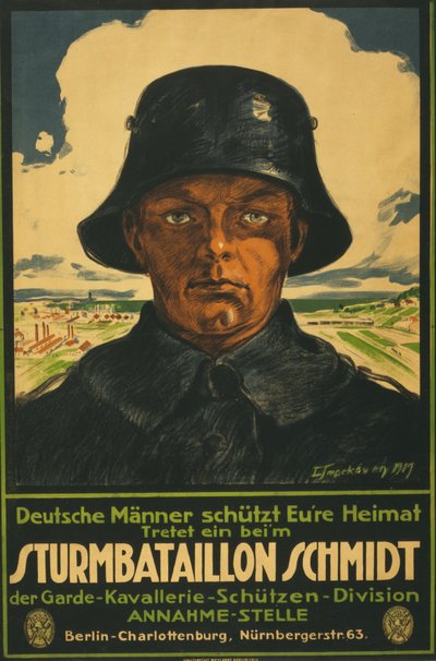 útočný prapor Schmidt; Němečtí muži otřásají vaší vlastí! 1919 (barevná litografie) od Leo Impekoven