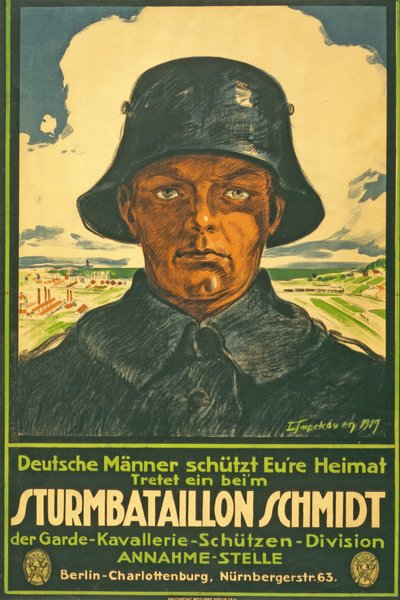 Bouřkový prapor Schmidt; Němečtí muži vylévají vaši vlast! Vstupte do ... hospody. Berlín, 1917 od Leo Impekoven