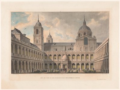 Zicht op de Courtyard evangelistů van het klášter San Lorenzo de El Escorial Pohled na nádvoří evangelistů R. kláštera S. Lorenzo (titul na objektu) od Leon Auguste Asselineau