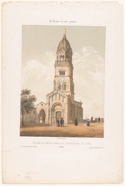 Zicht op de basilica Notre-Dame de Fourvière v Lyonu Kostel Notre-Dame de Fourvières v Lyonu (název na objektu) Hedendaags Frankrijk (název série) Současná Francie (název série na objektu) od Leon Auguste Asselineau