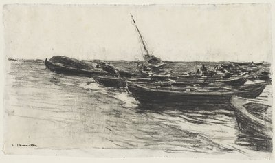 Rybářské lodě na pláži v Étretat od Leon Augustin Lhermitte