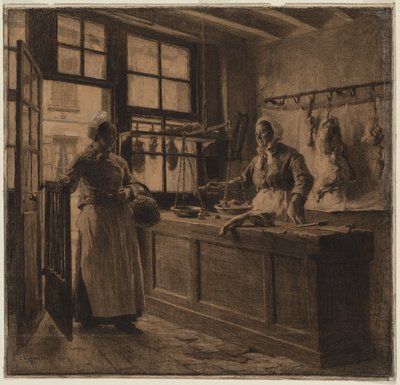 Interiér řeznictví, cca 1881 (uhel a černá křída zvýrazněné bílou křídou) od Leon Augustin Lhermitte