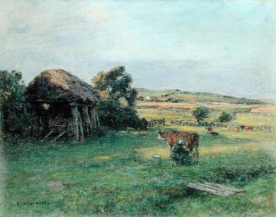 Krajina s rolničkou dojící krávu, polovina 80. let 19. století (olej na plátně) od Leon Augustin Lhermitte