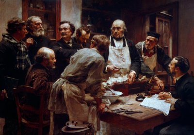 Pitevní kurz lékaře Clauda Bernarda (1813-1878) (se zástěrou) za přítomnosti jeho žáků Paula Berta (1833-1886) a Arsonvalův Arsene (1851-1940) obraz Leon Augustin Lhermitte (1844-1925) 19. století Paříž, Akademie věd od Leon Augustin Lhermitte