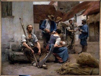 Výplatní listina rolnických kombajnů na hospodářském dvoře, jeden z nich drží falešný. Obraz Leon Augustin Lhermitte (1844-1925) 1882 Sun. 2,15x2,72 m Paříž, musee d
