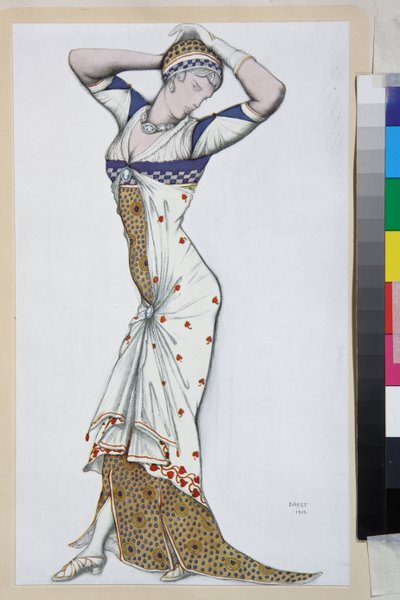 Návrh moderních šatů - Práce Leona Baksta (1866-1924), litografie kolem roku 1910 - (Návrh moderních šatů, barevná litografie Leon Bakst od Leon Bakst