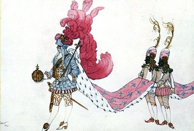 Návrh kostýmů pro Krále se svými stránkami od Šípkové Růženky od Leon Bakst