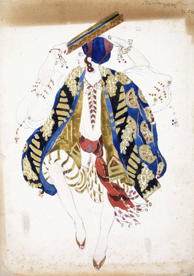Kostýmní návrh pro tanečníka v "Danse Juive", na sobě kalhotky a turban, hrajícího na tamburínu, od Leon Bakst