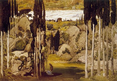 Dekor od Léona Baksta, ruského malíře a dekoratéra, podle originálního akvarelu, pro balet Maurice Ravela „Daphnis et Chloé“ od Leon Bakst