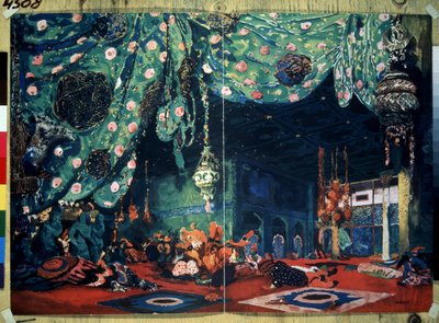 Scéna pro balet "Šeherezáda"" Nicolase (Nikolaje) Rimského Korsakova (Rimski-Korsakova) (1844-1908) z Po pohádkách tisíce a jedné noci. (Scéna k baletu Šeherezáda N.Rimského Korsakova (Rimskij-Korsakov). Kresba Leon Bakst (1866-1). od Leon Bakst