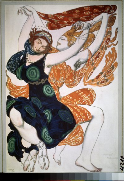Dva beotienne, kostým pro balet ""Narcisse"" od Nikolaje Tcherepnina (Nicolas Tcherepnin) (1873-1945) (Dva beotienne, kostýmní návrh pro balet Narcisse od N. Tcherepnina). Kresba Leona Baksta (1866-1924). Akvarel, kvaš, zlato a stříbro na pa od Leon Bakst