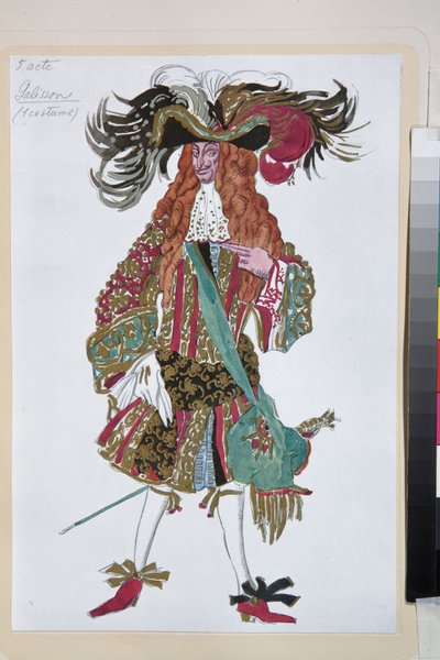 Galisson, kostým pro balet Šípková Růženka od Piotra Čajkovského - Dílo Leon Bakst (1866-1924), litografie 1921 - (Galisson, kostýmní návrh pro Čajkovského balet Šípková Růženka, Leon Bakst, Barevná litografie od Leon Bakst