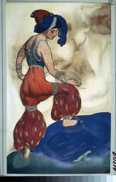 Sultán, kostým pro balet ""Šeherezáda"" od Nicolase (Nikolaje) Rimského Korsakova (Rimski-Korsakov) (1844-1908) z Po pohádkách tisíce a jedné noci. princezna od N.Rimského Korsakova (Rimského-Korsakova). Kresba Leona Baxta (1866-1924). Kvaš a zlato od Leon Bakst