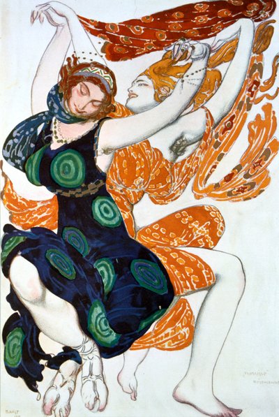 Two Bacchantes, kostýmní návrh pro inscenaci Ballets Russes Tcherepnins Narcisse, 1911 od Leon Bakst