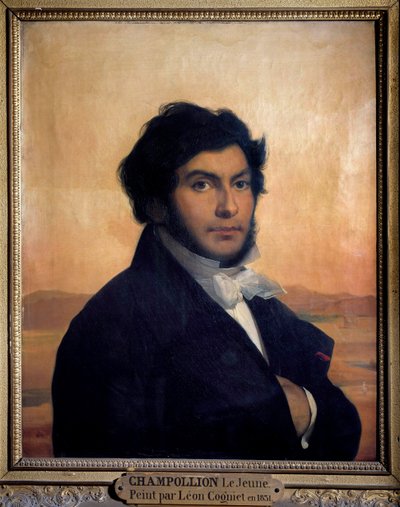 Portrét Jean-Francoise (Jean Francois) Champolliona (1790-1832), francouzského egyptologa, luštitele hieroglyfů. Obraz od Leona od Léon Cogniet