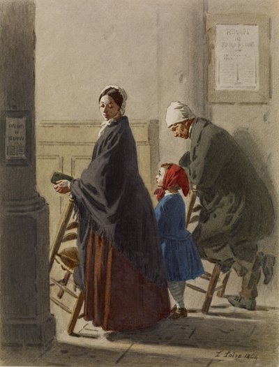 Muž, žena a dívka při modlitbě v kostele, 1864 (wc a grafit na papíře) od Leon Henri Antoine Loire