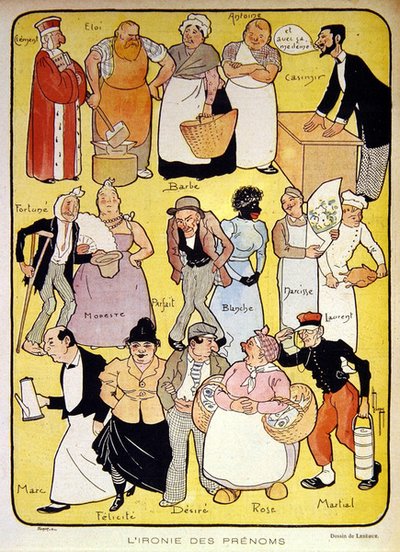 „The Irony of Names“, ilustrace z počátku dvacátého století pro časopis „Le Rire“ (barevné lito) od Leon Lebegue