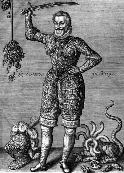 Henri IV (1553-1610) francouzský král v letech 1589-1610, zde na sobě brnění, třímající meč, jako napravovatel křivd, rytina Leonarda Gaultiera od Leonard Gaultier